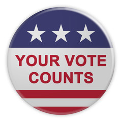 USA Politics Badge: Your Vote Counts Button With US Flag, 3d illustration Isolated On White Background