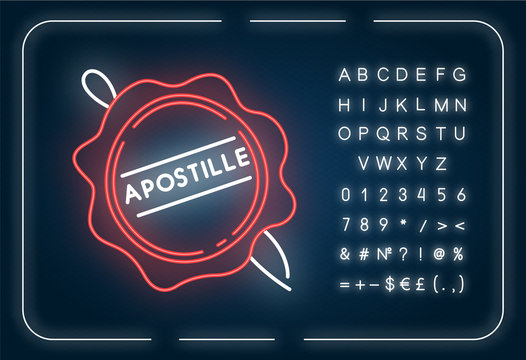 Apostille wax seal neon light icon. Notary services stamp mark. Legalization. Notarization. Outer glowing effect. Sign with alphabet, numbers and symbols. Vector isolated RGB color illustration