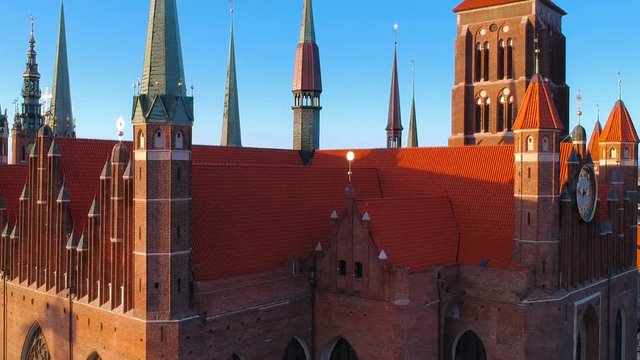 Aerial view of the St. Mary's Basilica in Gdansk at sunrise, Poland