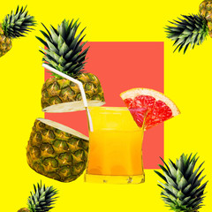 Pineapple tropical cocktail. Fresh idea. Pineapple fashion. Collage bright isolated background. Happy vacation. Fun party.