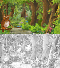 cartoon summer scene with bird with meadow in the forest sketch page