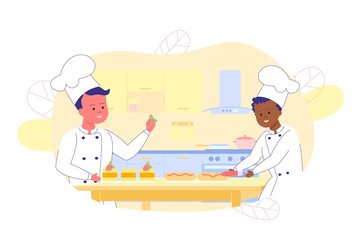 Young Boys in Cook Chef Clothes Decorating Cakes