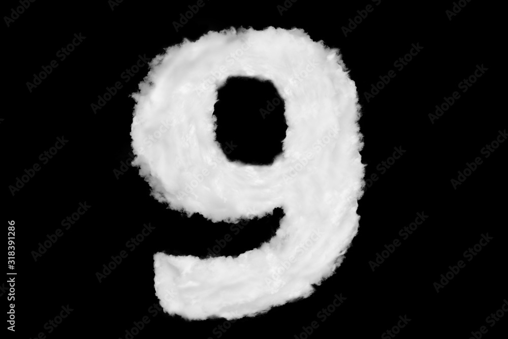 Wall mural number 9 font shape element made of clouds on black background ready for mask or blending modes