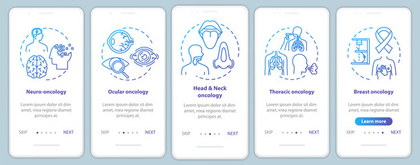 Fototapeta na wymiar Oncology onboarding mobile app page screen with concepts. Cancer treatment walkthrough five steps graphic instructions. Ocular oncology. Thoracic cancer. UI vector template, RGB color illustrations