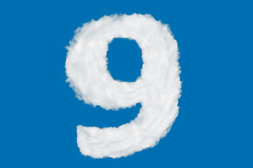 Number 9 font shape element made of clouds on blue background over sky