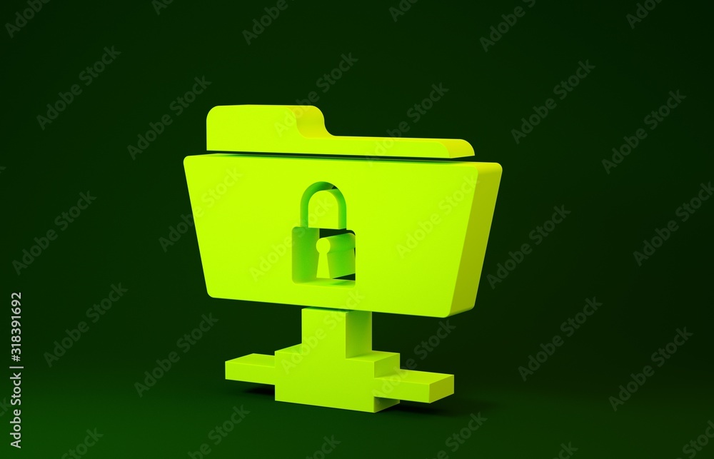Poster yellow ftp folder and lock icon isolated on green background. concept of software update, ftp transf