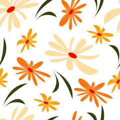 Seamless pattern with flowers in orange tones on a white background. Vector. Suitable for wrapping paper, covers, wallpapers. For packaging design. Spring mood