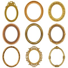 Set of golden frames for paintings, mirrors or photo isolated on white background