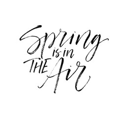 Spring is in the air postcard. Modern vector brush calligraphy. Ink illustration with hand-drawn lettering. 