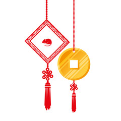 Fototapeta na wymiar golden coin feng shui with decoration hanging isolated icon vector illustration design