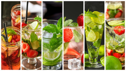 Collage of photos with different fresh mojito cocktails