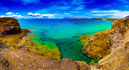 Spanish beaches and coastline.Spanish View scenic landscape in Papagayo, Playa Blanca Lanzarote ,Tropical Volcanic Canary Islands Spain