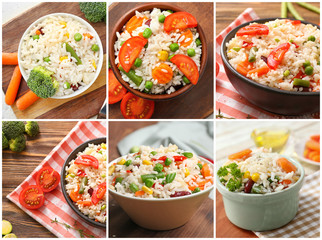 Collage of photos with boiled rice and vegetables