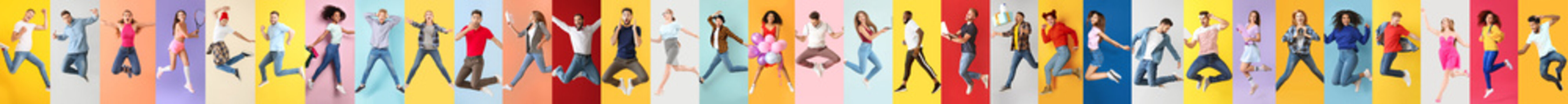 Collage of photos with different jumping people