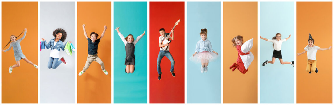 Collage of photos with different jumping children