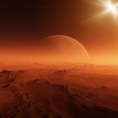 3d rendered Space Art: Alien Planet - A Fantasy Landscape with dark skies and sun