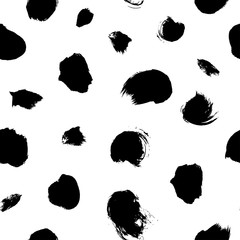 Rough and dirty black paint smudges vector seamless pattern. Grunge ink scattered stains decorative texture.