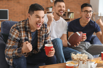 Group of fans watching rugby on TV