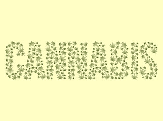 Cannabis green word formed with marijuana leaves with yellow pastel color at background