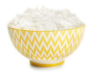 Boiled rice in bowl on white background