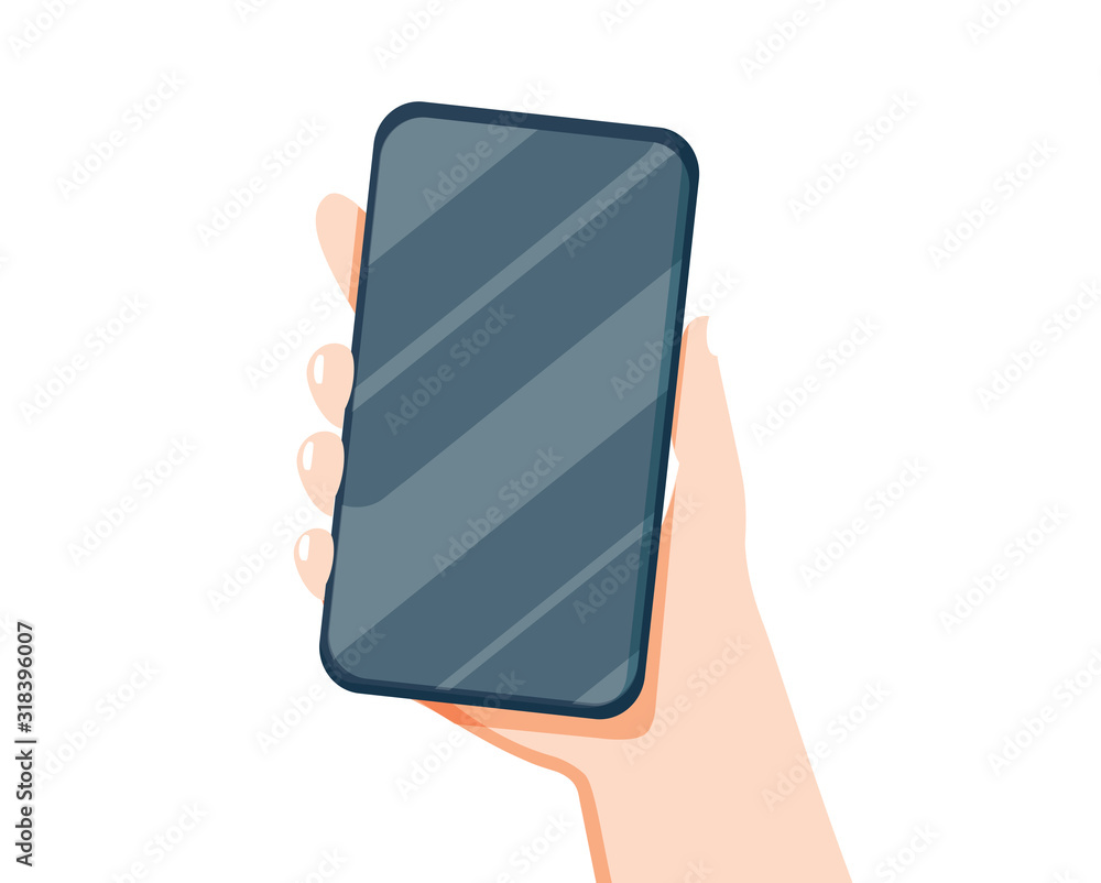 Poster smartphone in hand. mobile phone holding in businessman hands. smart cellphone digital display devic