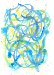 Abstract blue and yellow texture and background with thin and long lines drawn by watercolor paints. Great basic of print, badge, party invitation, banner, tag.