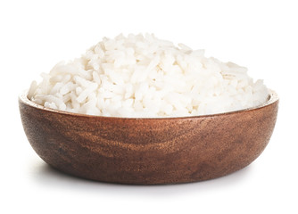 Plate with boiled rice on white background