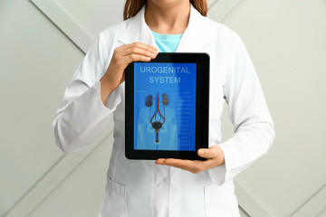 Doctor holding tablet computer with picture of urogenital system on grey background