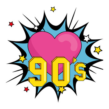 nineties sign with heart in explosion pop art vector illustration design