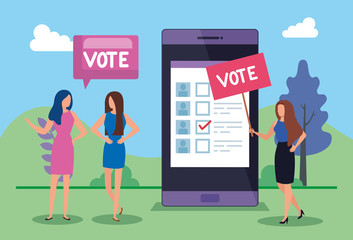 business people with vote lettering and smartphone vector illustration design