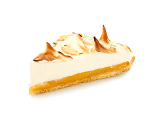 Piece of tasty lemon pie on white background