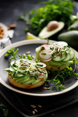 Open sandwich with sliced avocado, radish, cucumber and sunflower sprouts on a dark plate. The concept of healthy nutrition