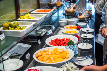 Breakfast Buffet Concept. Breakfast Time in Luxury Hotel. Food Buffet Catering Dining Eating Party Concept.