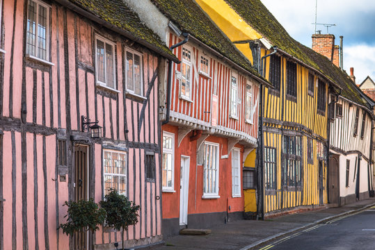 Half-timbered medieval cottages, Water Street, Lavenham, Suffolk, England, United Kingdom