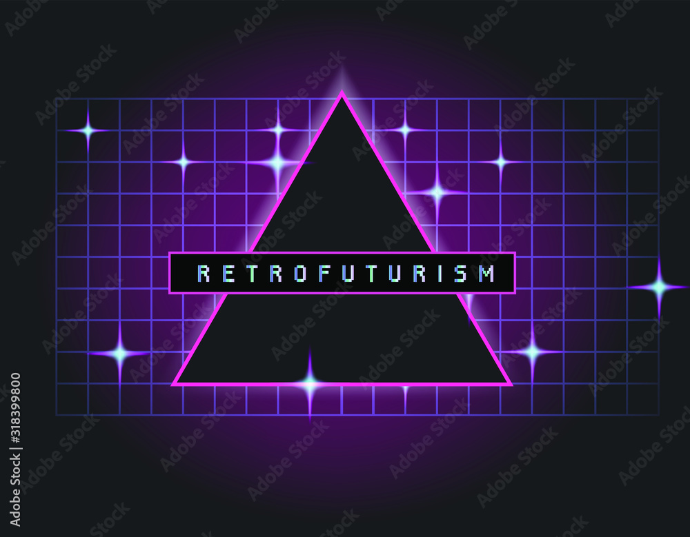 Poster retrofuturistic landscape with laser grid and glowing triangle. vaporwave and retrowave style backgr