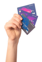 Female hand with credit cards on white background