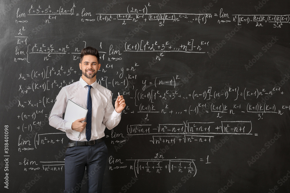 Sticker male teacher near blackboard in classroom