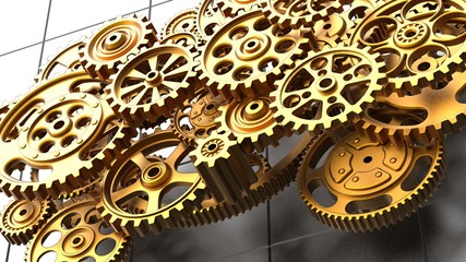 Mechanism orange gears and cogs at work on silver background. Industrial machinery. 3D illustration. 3D high quality rendering.