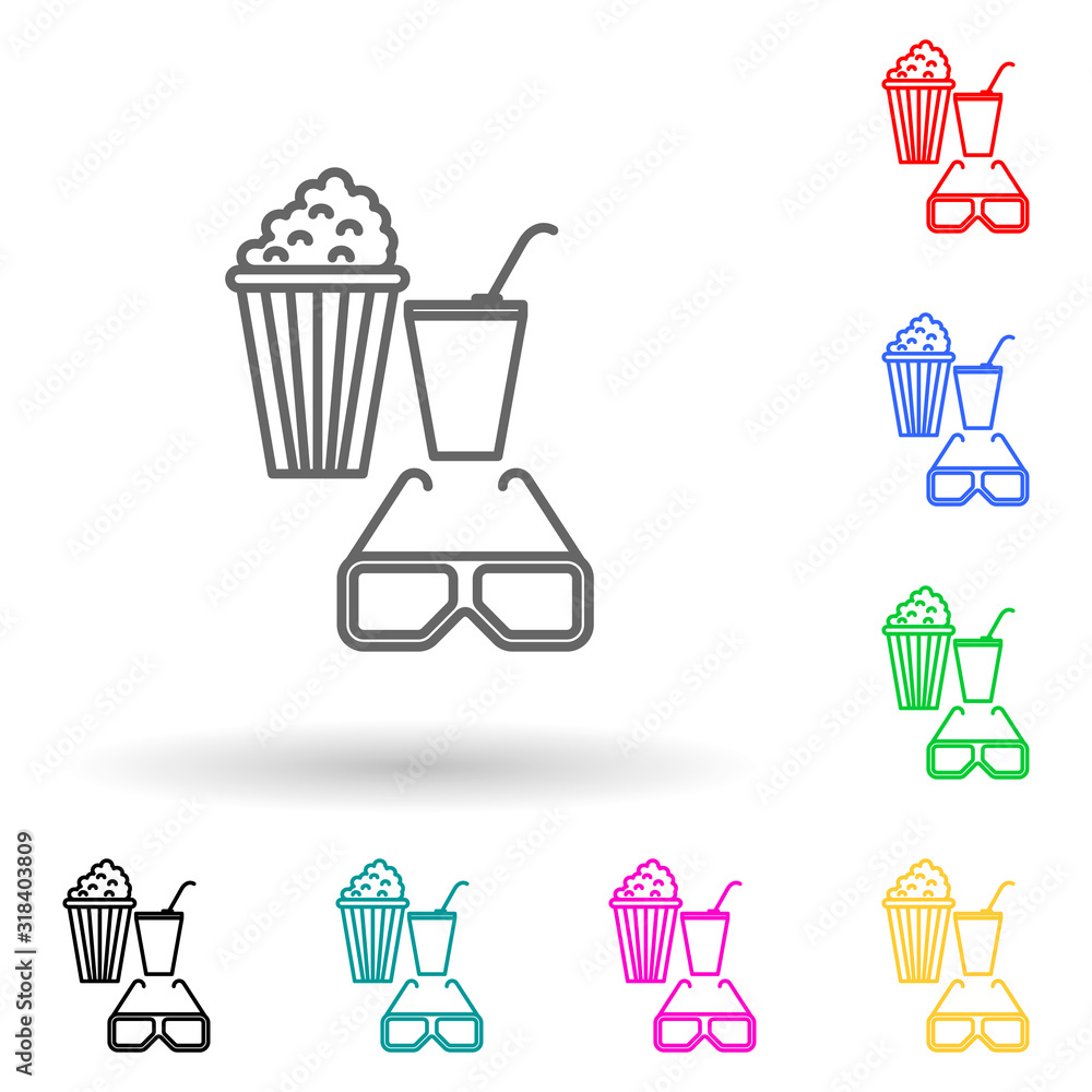 Poster snacks and 3d glasses multi color style icon. simple thin line, outline vector of cinema icons for u