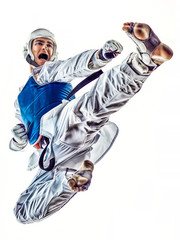 Taekwondo fighter man isolated white background - obrazy, fototapety, plakaty