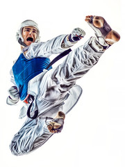 Taekwondo fighter man isolated white background