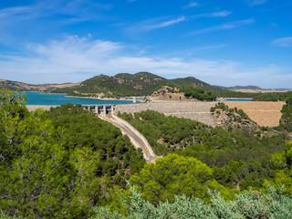 Fototapeta na wymiar Gaitanejo reservoir and dam near the Royal El Chorro Royal Trail. Spain