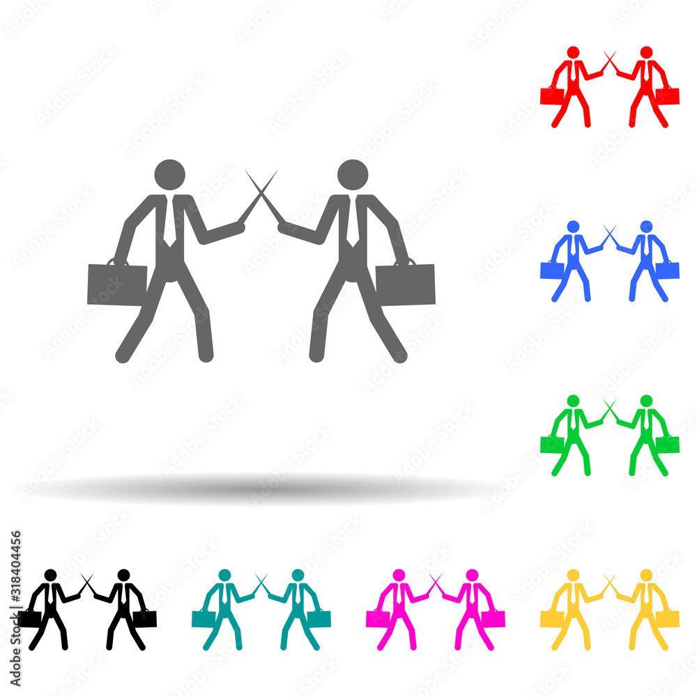 Poster business people fighting with sword multi color style icon. simple glyph, flat vector of conflict ic
