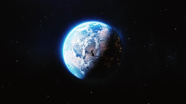 Planet the Earth, view from space, Milky Way Galaxy. Planet earth rotating animation, zoom through the cosmos, stars and stratosphere to the european city. 3D Render