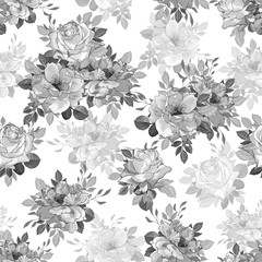 Seamless floral monochrome pattern with gray flowers rose and leaves on white background. Hand drawn. For design textile, wallpapers, wrapping paper, prints. Vector stock illustration