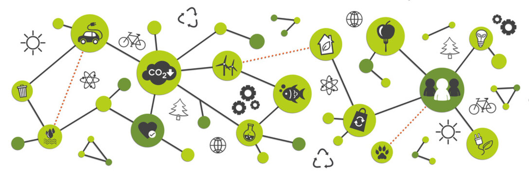 Sustainability and environment banner with green icons, data and web network connection. Sustainable development goals, clean enregy, recycle and reuse, co2 carbon dioxide emissions control. 
