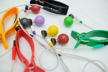 multi-colored vacuum sensors for recording ECG or ECG-cardiogram close-up. Equipment for...