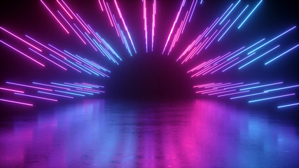 3d render, abstract neon background, performance stage, empty round tunnel, long corridor with floor reflection, pink blue glowing lines, ultraviolet light