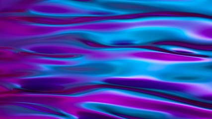 3d render, abstract wavy background, liquid petrol surface, pink blue iridescent texture, ripples, ultraviolet holographic foil. Modern fashion textile, trendy design, metallic fabric reflections