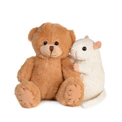 White mouse hugging Teddy bear